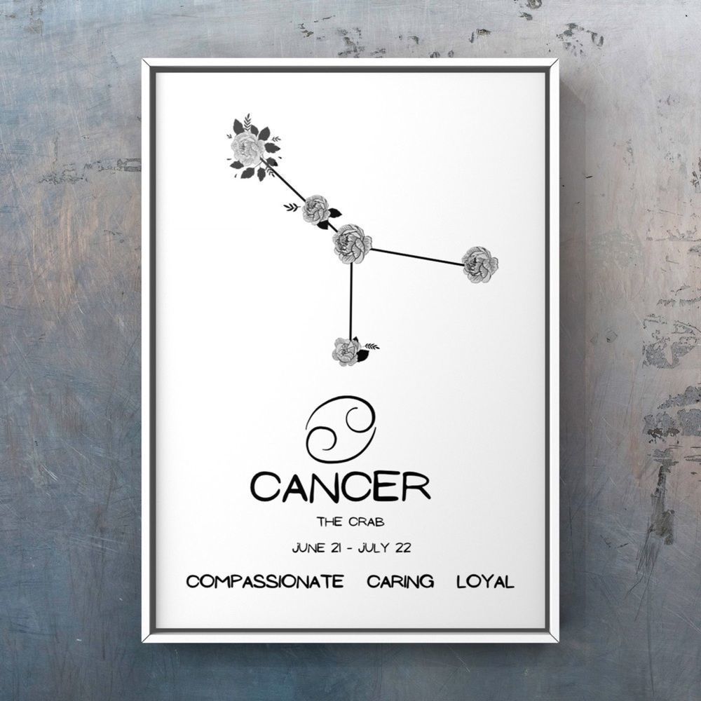 Cancer zodiac sign constellation art print black and white floral design